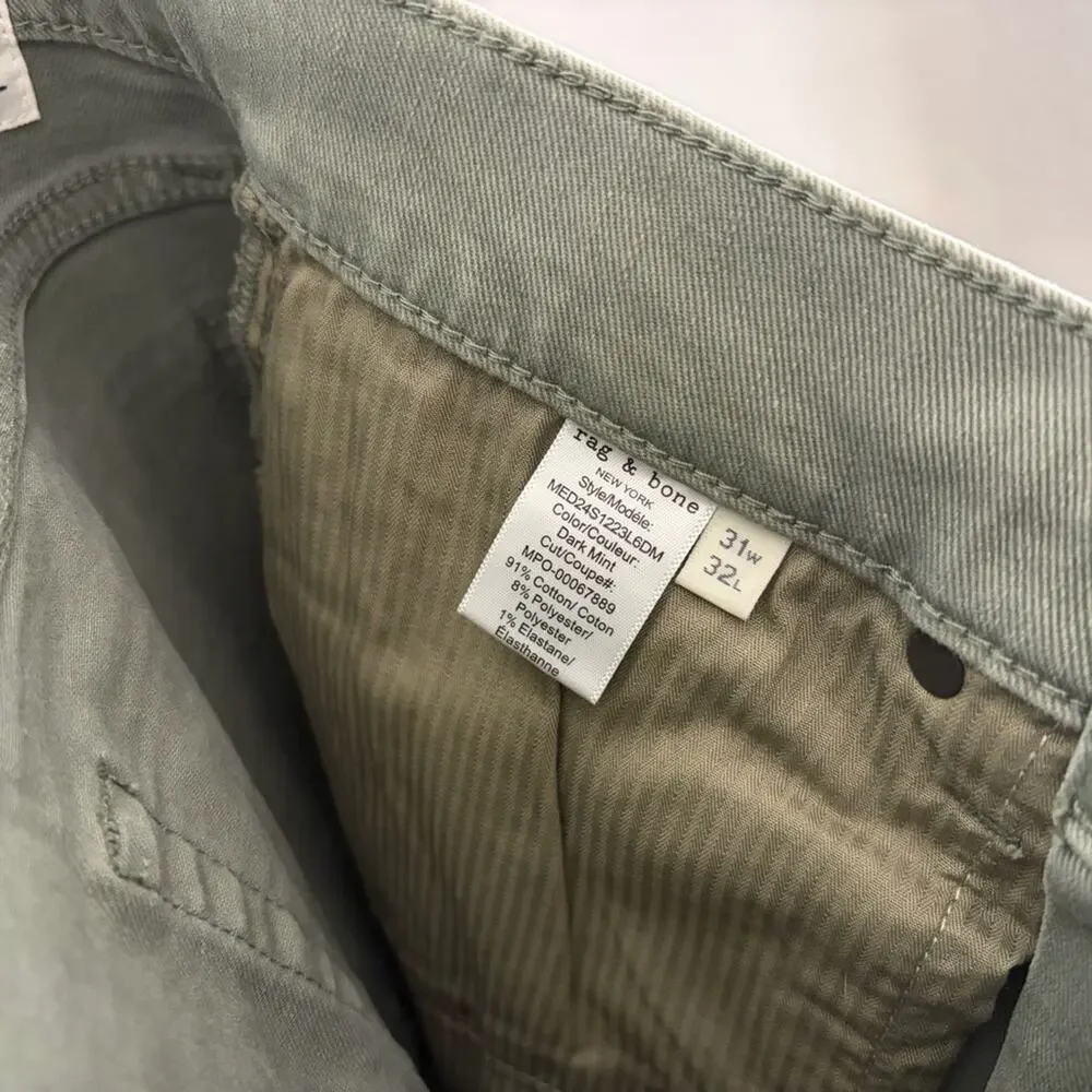 Rag & Bone Fit 2 Aero Stretch Slim Fit Jeans Dark Mint Sage Green Grey 31W